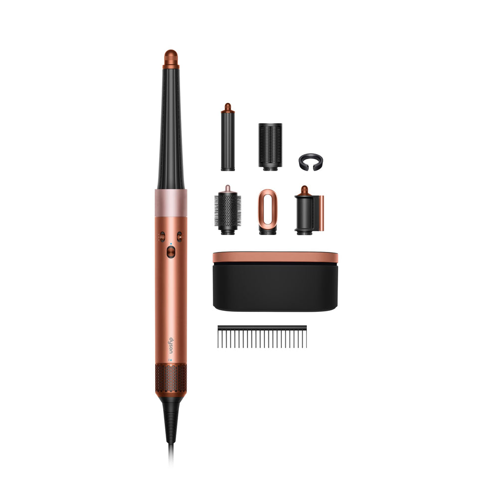 Dyson Airwrap i.d. front view showing device and attachments for versatile styling benefits