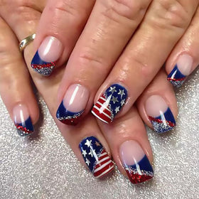 DZPGUONIZ front packaging showing patriotic press-on nail set, easy party prep