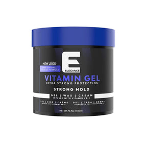 E Elegance front packaging showing 16.9 oz jar with bold branding and hold claim