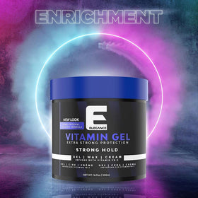 E Elegance label ingredients closeup highlighting Pro-VB-5 for improved strand appearance benefit