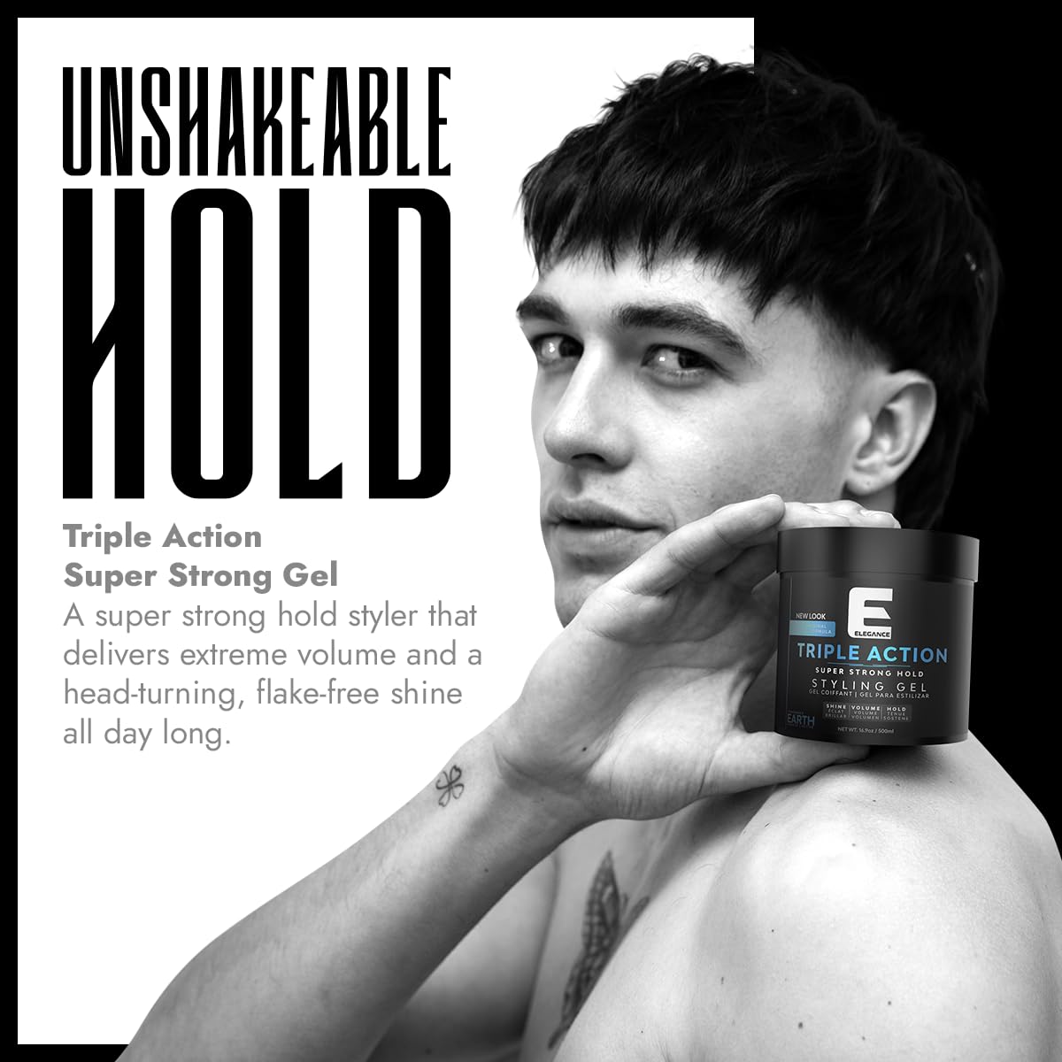 E Elegance used on male model demonstrating strong hold and defined style