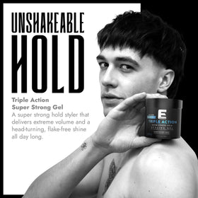 E Elegance used on male model demonstrating strong hold and defined style
