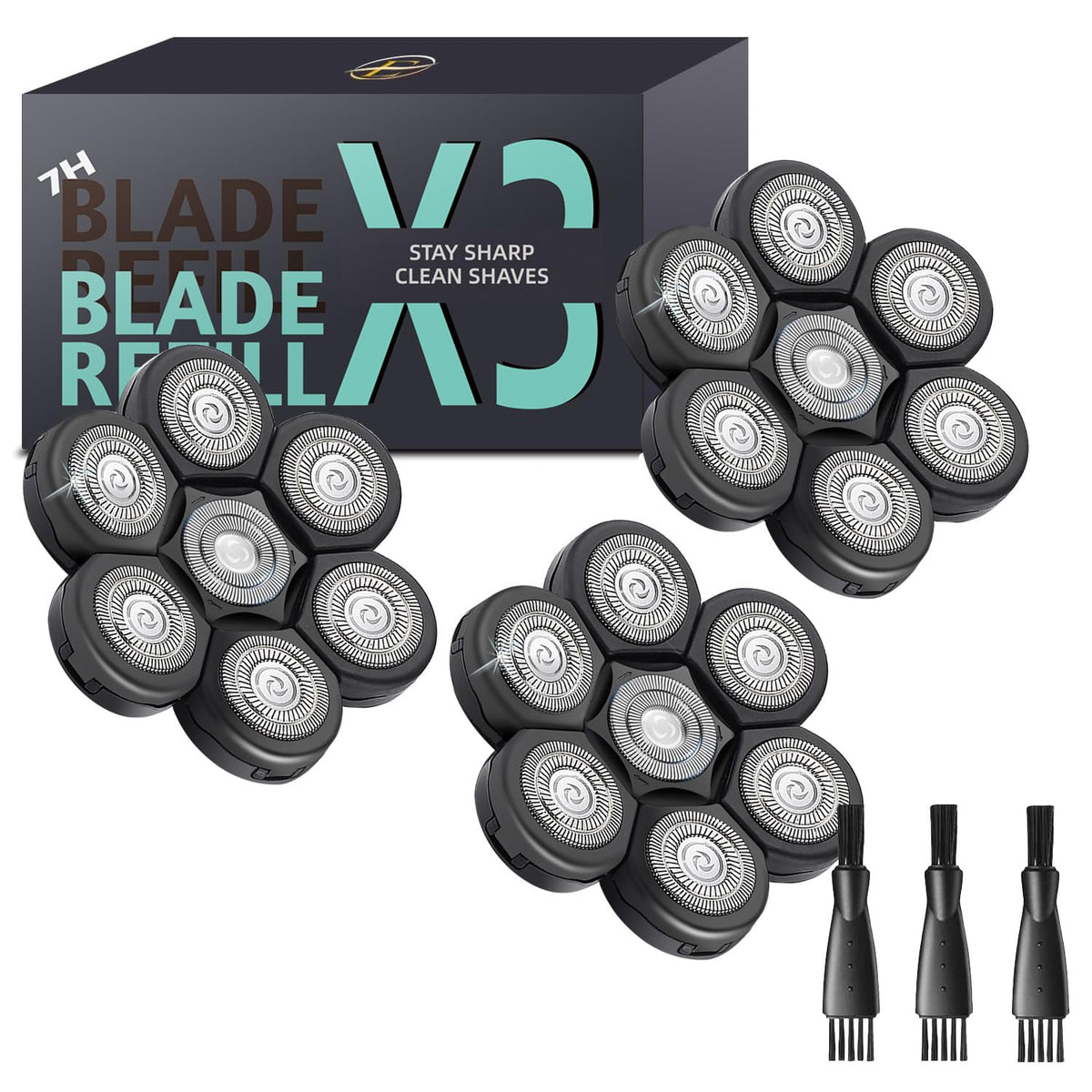 E-Hunter front view of 7-head replacement showing clean new blades and snap-fit benefit