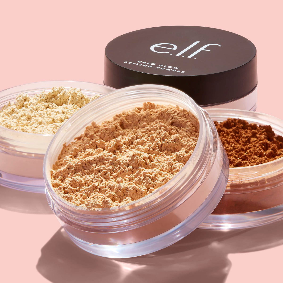 e.l.f. Halo Glow lifestyle makeup bag scene showing portable powder for on-the-go freshening benefit