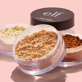 e.l.f. Halo Glow lifestyle makeup bag scene showing portable powder for on-the-go freshening benefit