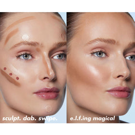 e.l.f. Halo Glow five-shade comparison displayed, helps choose the right contour depth