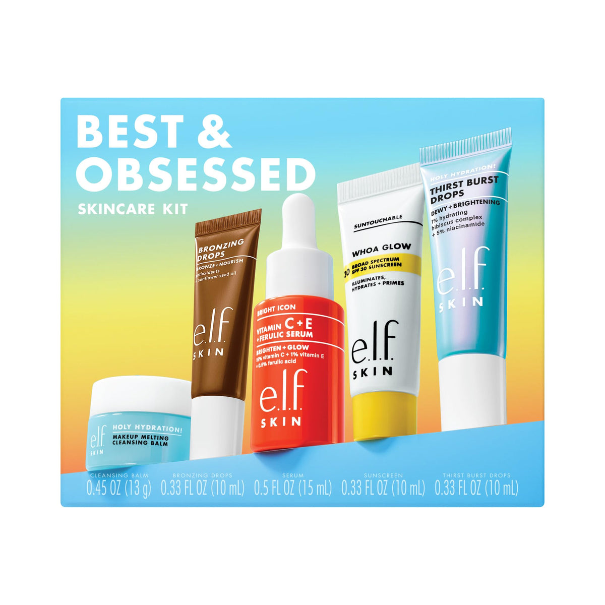e.l.f. SKIN kit front packaging showing all five mini products and compact case for travel