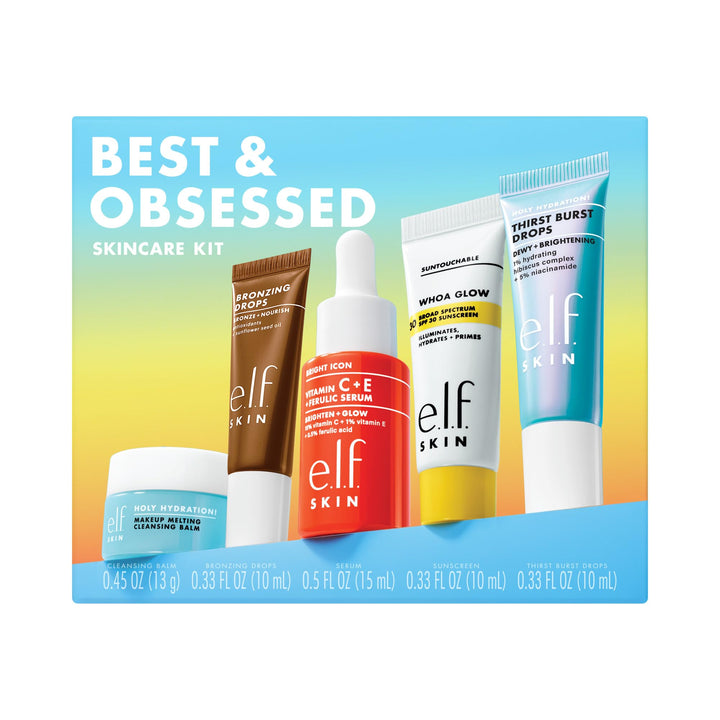 e.l.f. SKIN kit front packaging showing all five mini products and compact case for travel