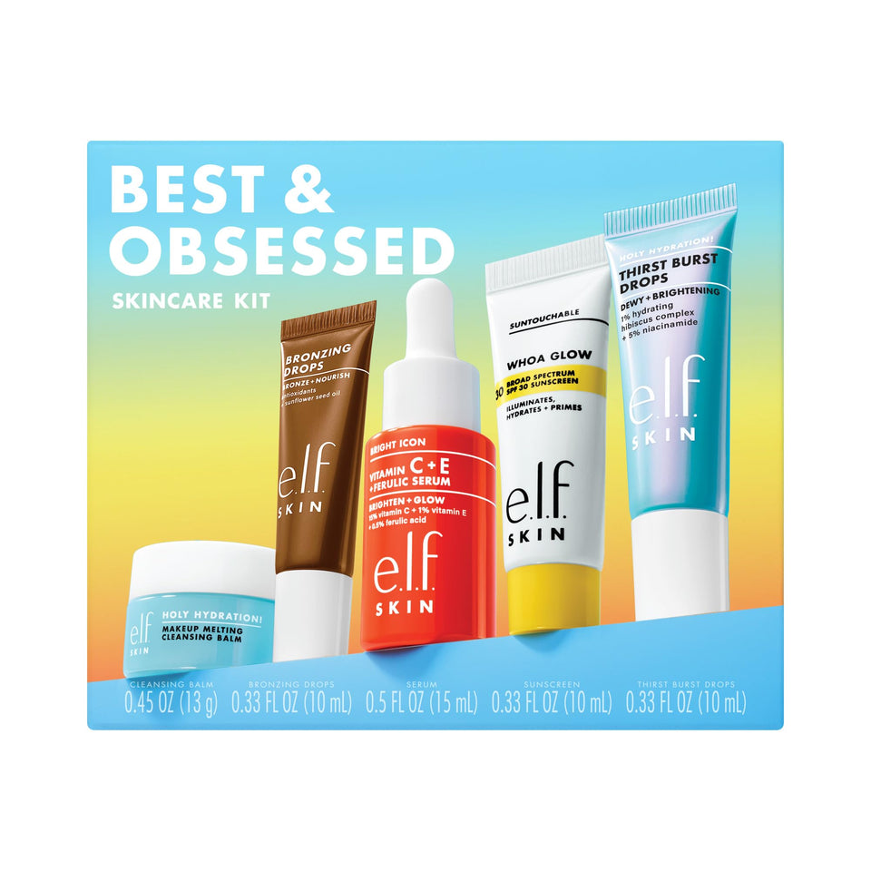 e.l.f. SKIN kit front packaging showing all five mini products and compact case for travel