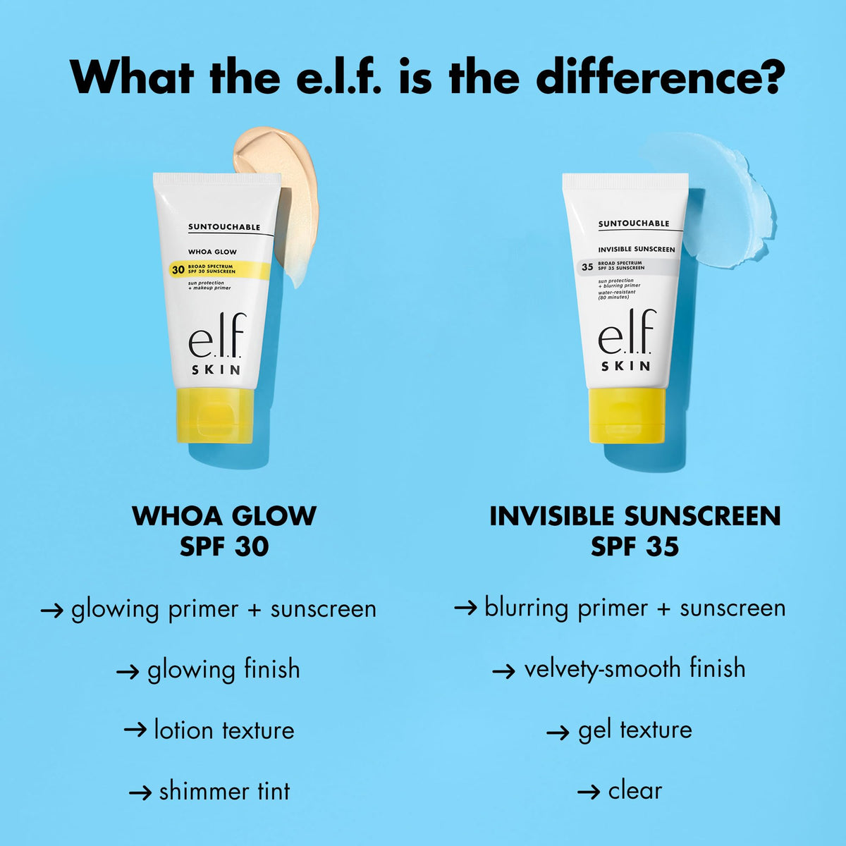 e.l.f. Suntouchable ingredients with aloe and meadowfoam showing soothing hydration