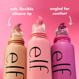 e.l.f. lip swatch on model showing buildable tint and glossy shine benefit