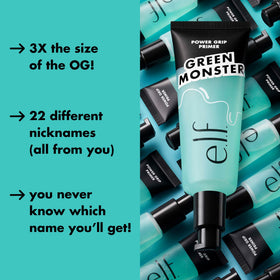 e.l.f. Power Grip primer next to foundation showing jumbo value size