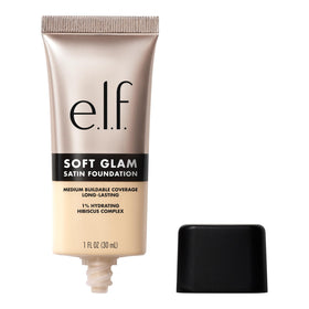 e.l.f. soft glam front packaging showing bottle and satin finish benefit
