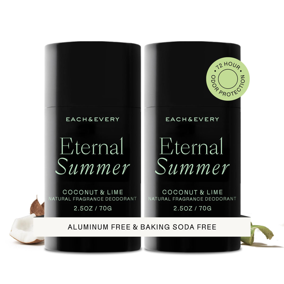 Each & Every front packaging coconut lime shows bright tropical scent and benefits