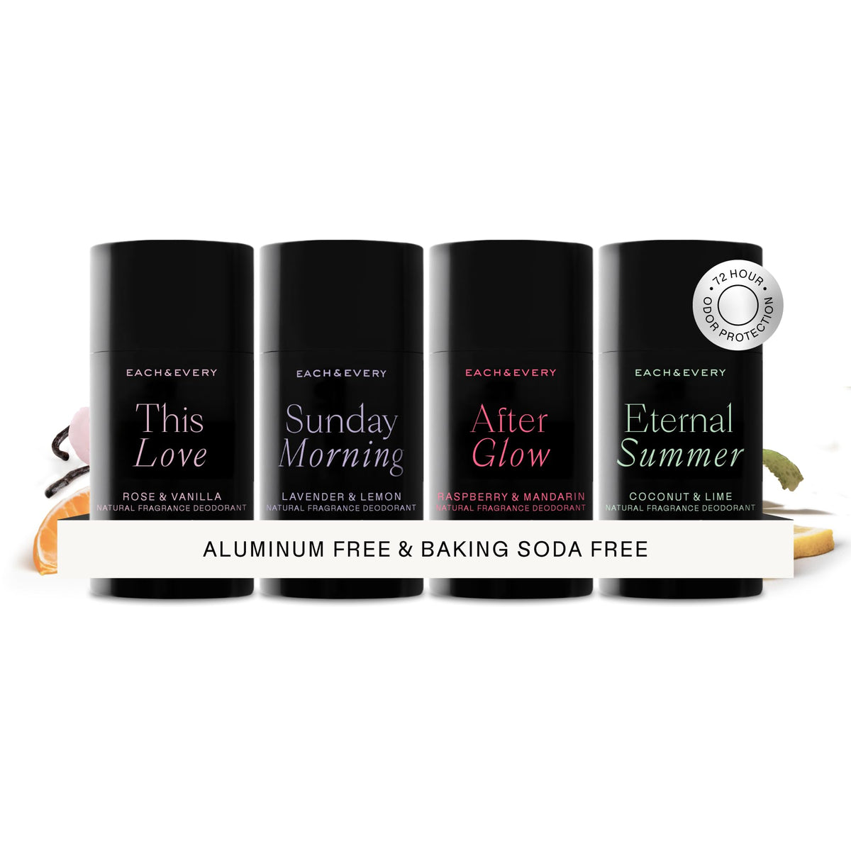 Each & Every front packaging travel set showing four mini sticks and ingredient callouts for convenience