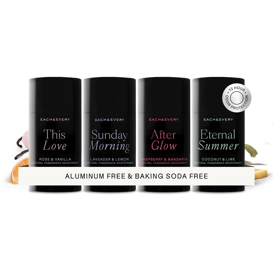 Each & Every front packaging travel set showing four mini sticks and ingredient callouts for convenience