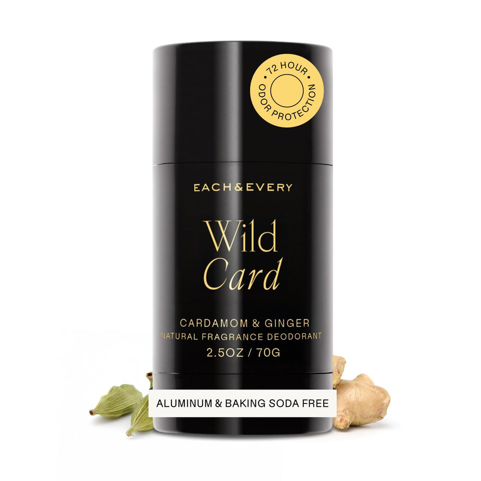 Each & Every front stick showing cardamom and ginger scent, clean benefit