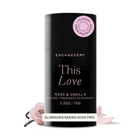 Each & Every front deodorant stick showing Rose & Vanilla scent and clean design benefit