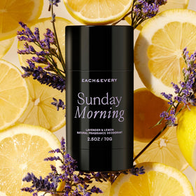 Each & Every deodorant on bathroom shelf staged for everyday routine benefit