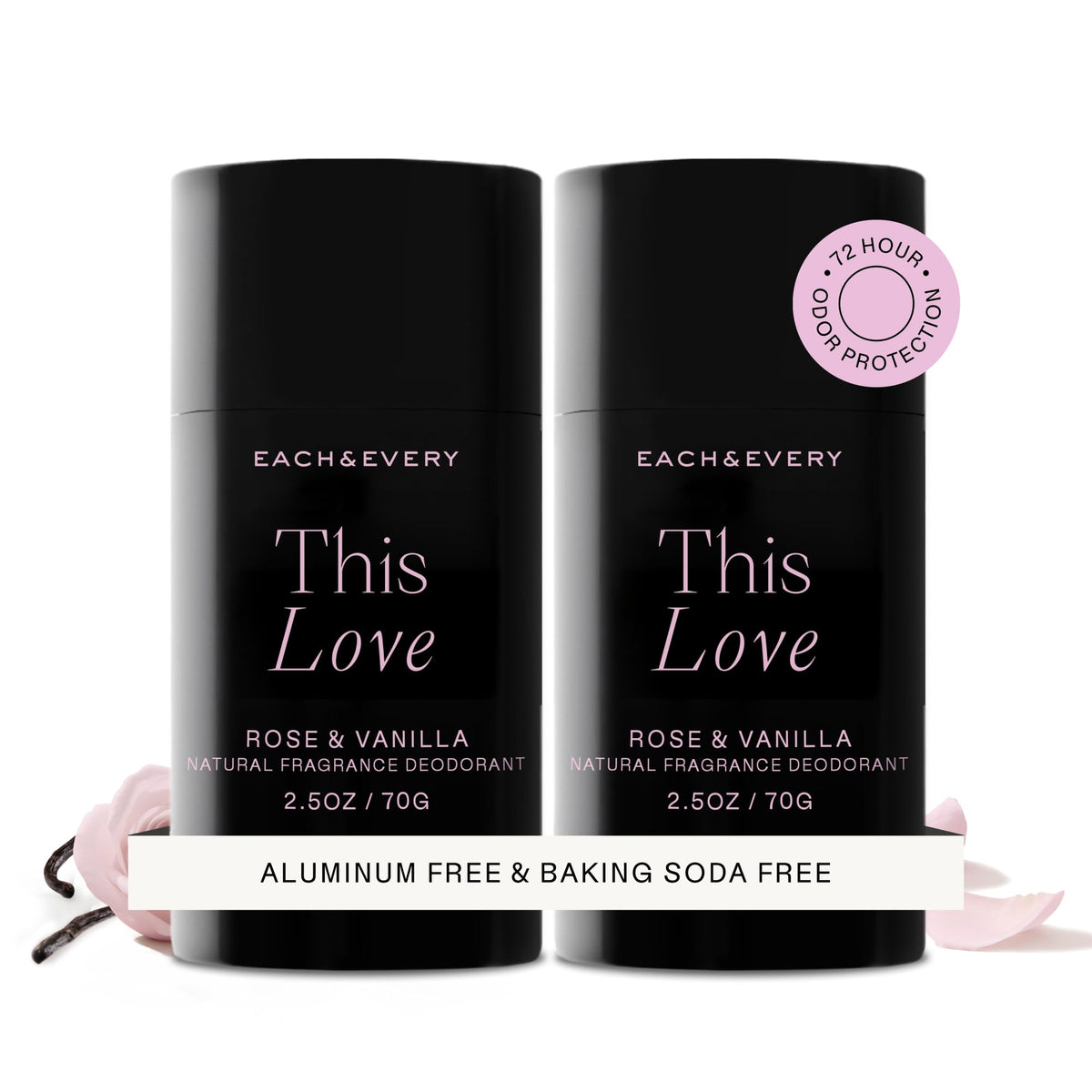 Each & Every front packaging showing Rose & Vanilla scent and two-pack benefit