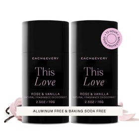 Each & Every front packaging showing Rose & Vanilla scent and two-pack benefit