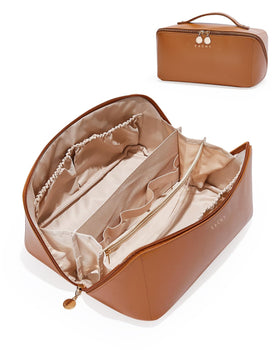 EACHY front view of brown makeup bag showing compact silhouette and handle