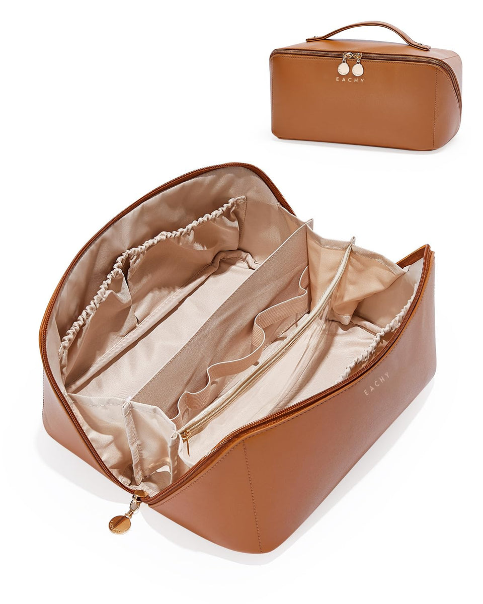 EACHY front view of brown makeup bag showing compact silhouette and handle