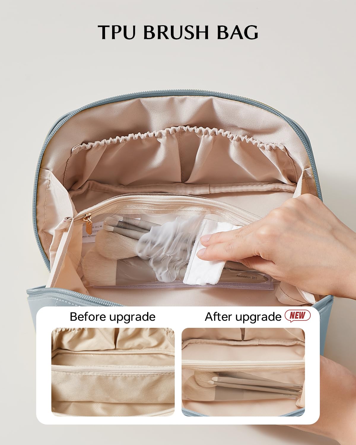 EACHY close-up of clear TPU divider and inner pockets keeping brushes and liquids separated