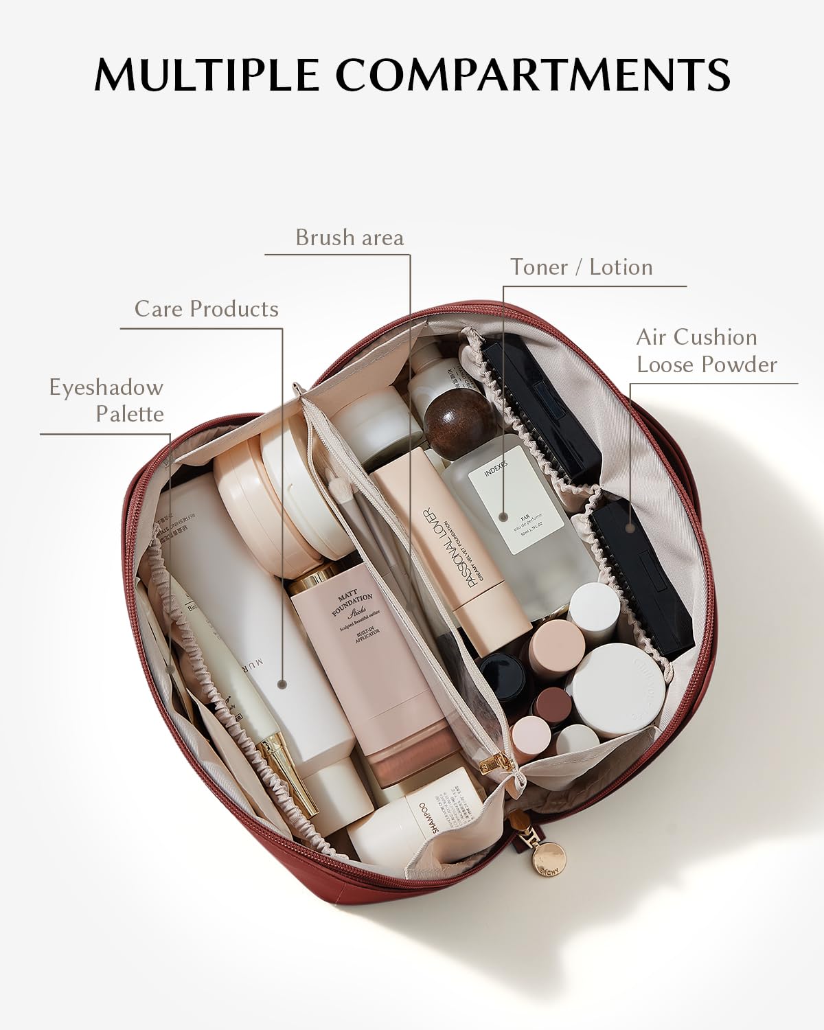 EACHY bag opened flat displaying organized cosmetics benefit: full-visibility packing