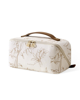 EACHY front view of beige travel makeup bag showing neat compact design and style