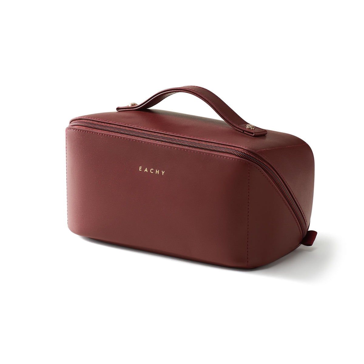 EACHY makeup bag front view showing compact waterproof PU leather and handle benefit: easy-carry
