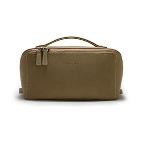 eachy front view showing sleek faux suede and zipper, compact protection