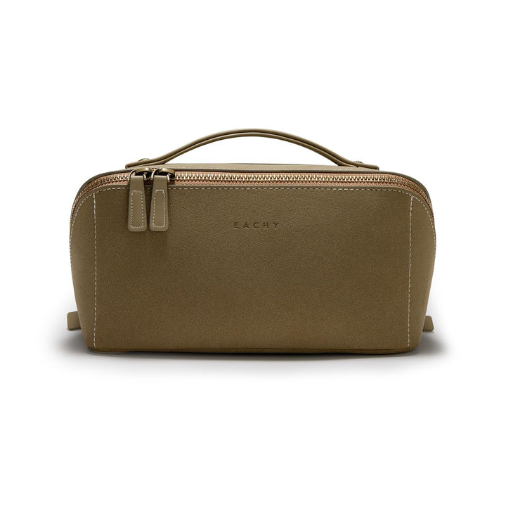 eachy front view showing sleek faux suede and zipper, compact protection