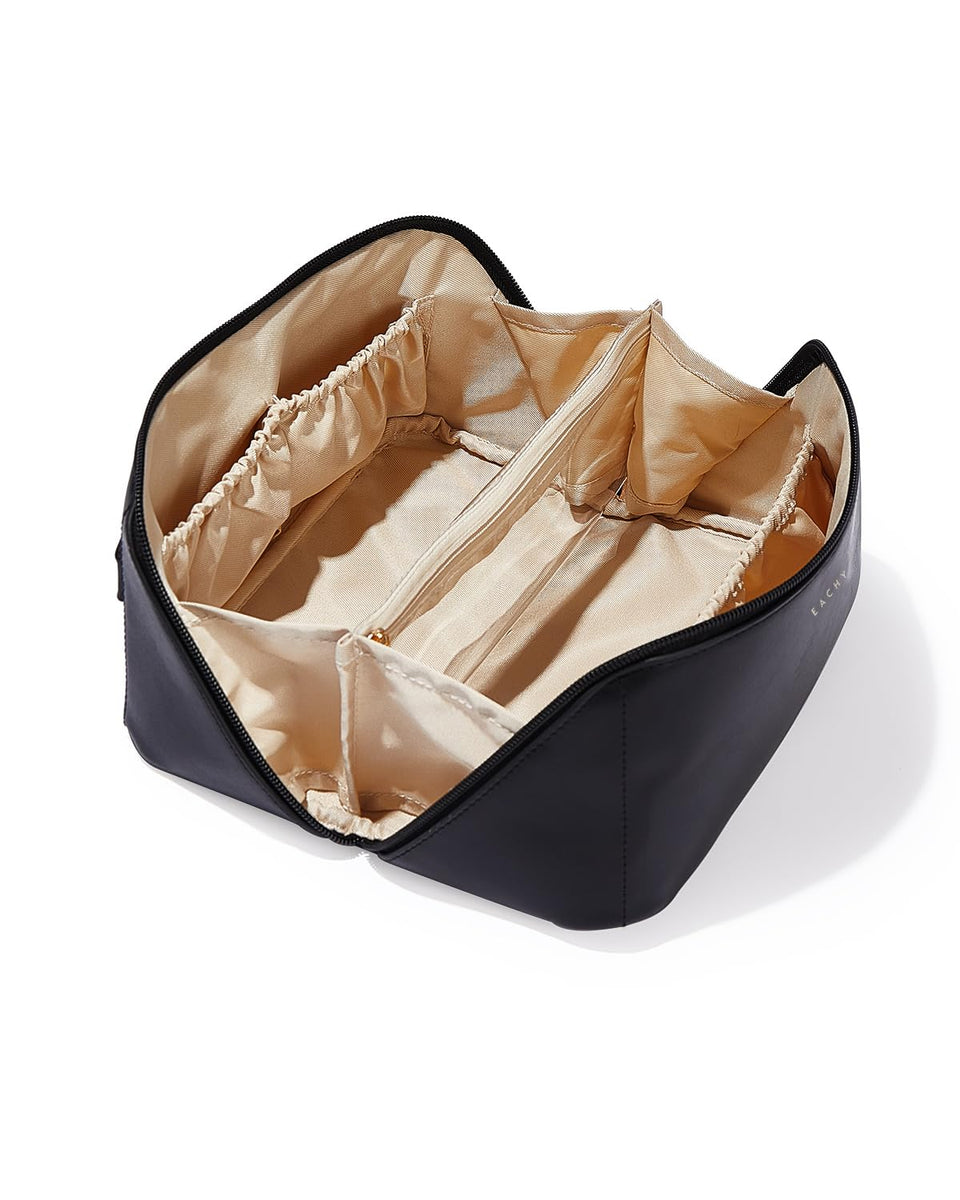 EACHY front view of black travel makeup bag showing compact profile and handle