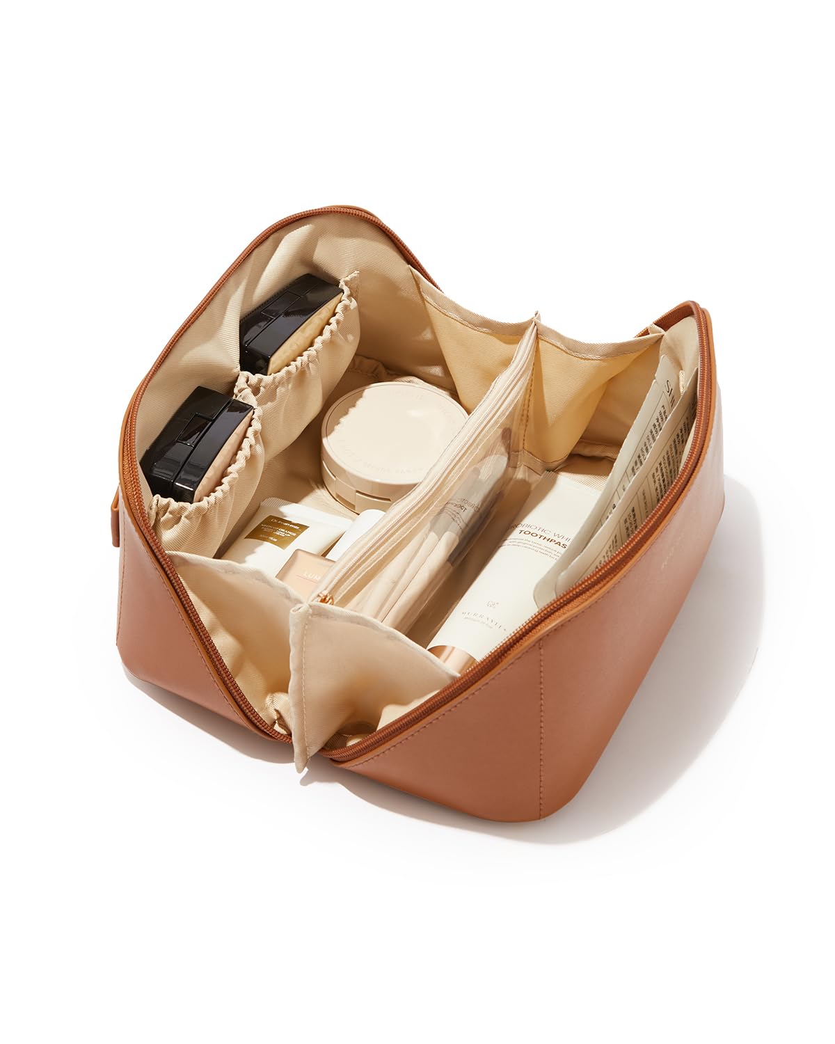 EACHY front view brown bag shows compact organized storage benefit