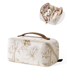 EACHY front view of beige large travel makeup bag showing polish and shape