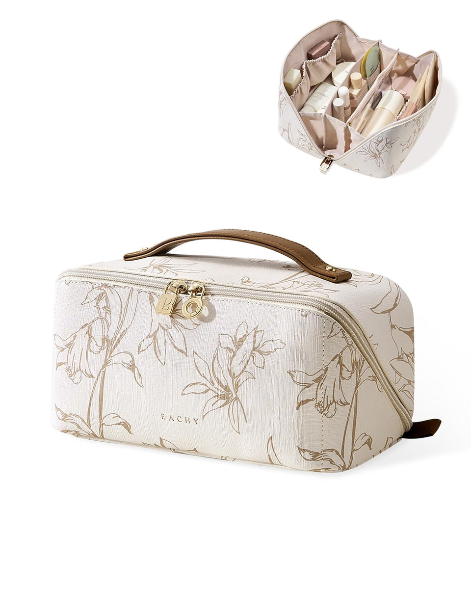 EACHY front view of beige large travel makeup bag showing polish and shape