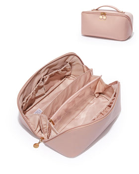 EACHY front view of pink makeup bag showing shape and color and organized storage