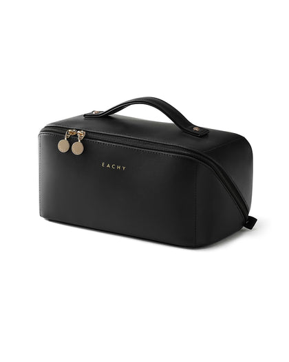 EACHY front view with zip open showing organized cosmetics and quick access