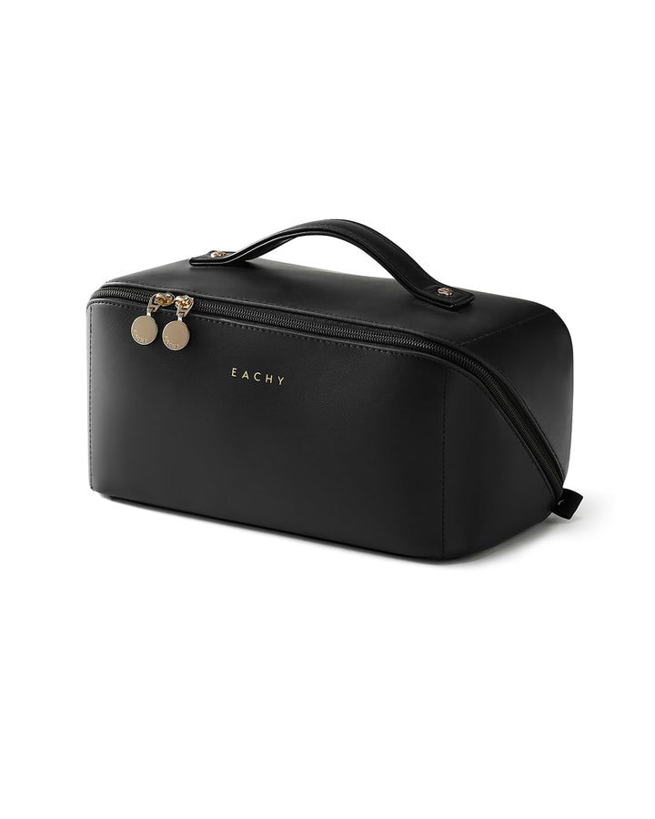 EACHY front view with zip open showing organized cosmetics and quick access