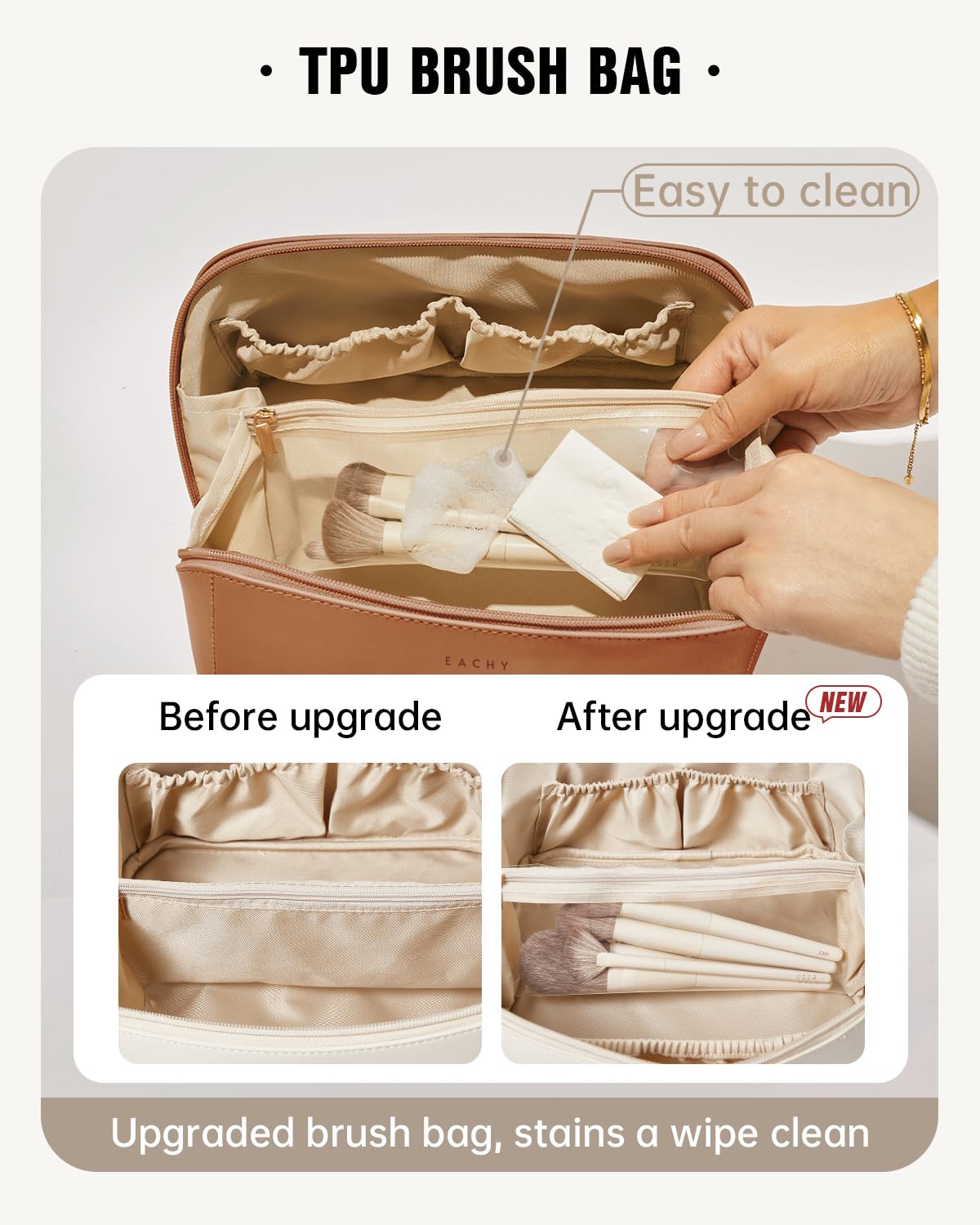 EACHY holding full-size bottles and cosmetics for organized travel