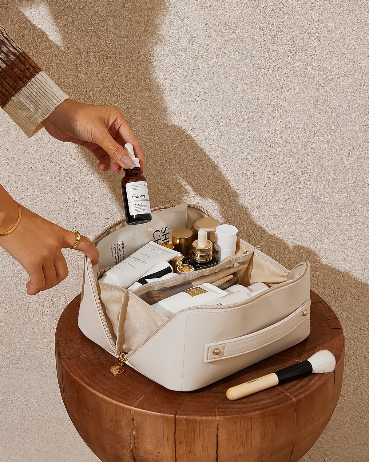 EACHY on bathroom counter demonstrating tidy everyday storage