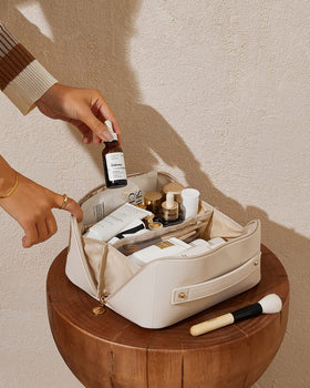 EACHY on bathroom counter demonstrating tidy everyday storage