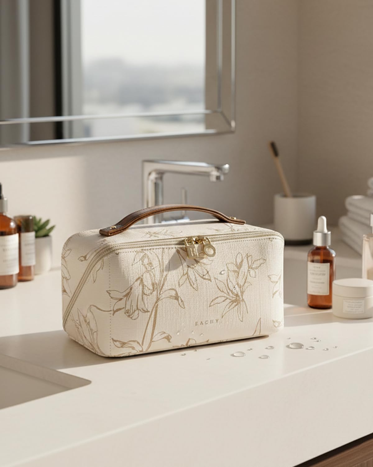 EACHY in suitcase to show scale and travel-ready capacity