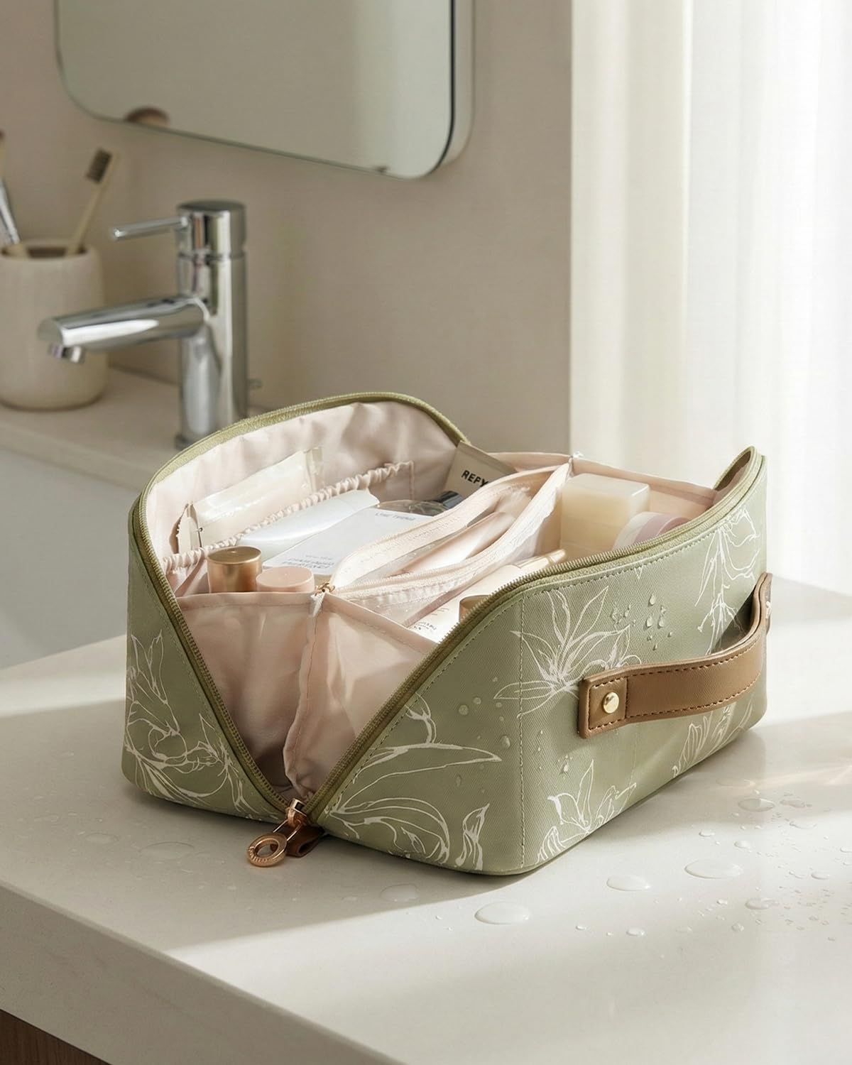 EACHY interior with compartments organizing makeup and toiletries