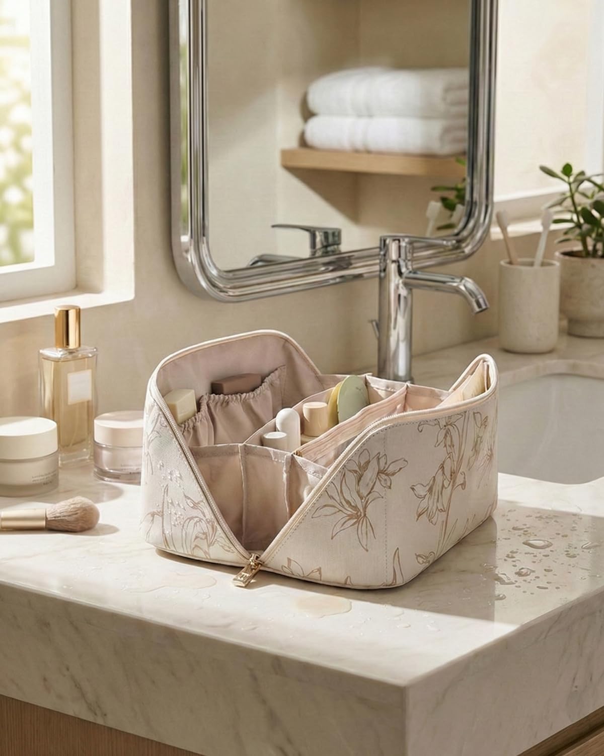 EACHY on bathroom vanity styled with cosmetics for elegant storage