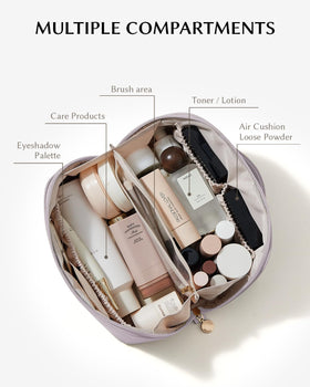 EACHY open flat interior displaying organized pockets for quick access to cosmetics