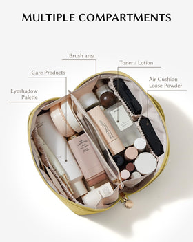 EACHY bag open flat displaying organized full-size bottles and brushes for quick access