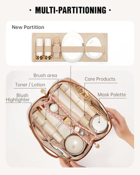 EACHY open-flat makeup bag layout displaying easy full visibility access