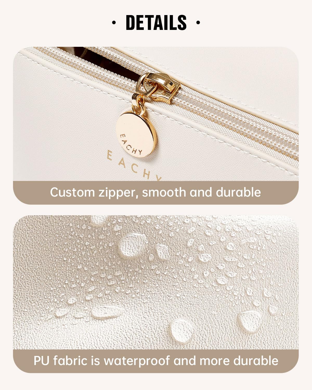 EACHY handle and zipper detail for convenient grab-and-go use
